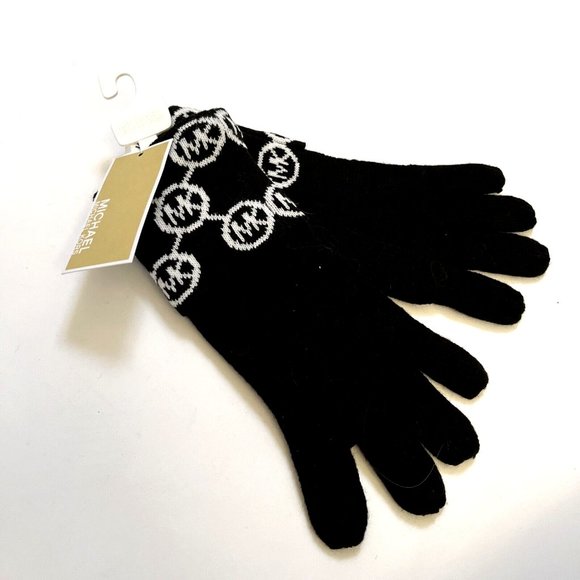 NWT Bundle 2PC MICHAEL KORS Scarf + Gloves Black White Signature Logo Acrylic - Picture 2 of 8
